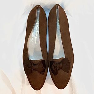 Salvatore Ferragamo Brown Bow Suede Luxury Flats